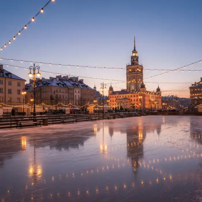 Darmowe lodowisko Warszawa: Gdzie pojeździć na łyżwach w sezonie 2026? Puste darmowe lodowisko Warszawa wieczorową porą z oświetleniem w tle.