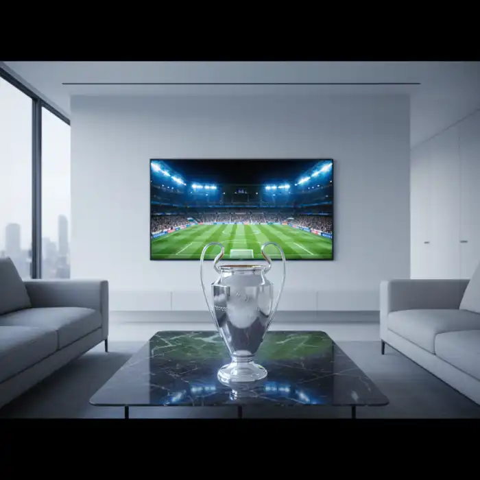 Gdzie oglądać Ligę Mistrzów? Transmisje meczów UEFA Champions League Nowoczesny salon z telewizorem wyświetlającym mecz, ilustrujący poradnik gdzie oglądać Ligę Mistrzów.