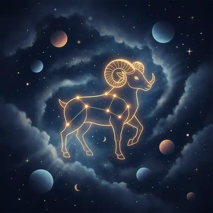 Horoskop na jutro baran: zodiak, miłość i co czeka Twój znak w horoskopie Złota konstelacja znaku zodiaku Baran na kosmicznym tle, ilustrująca horoskop na jutro baran oraz mistyczne elementy tarota.