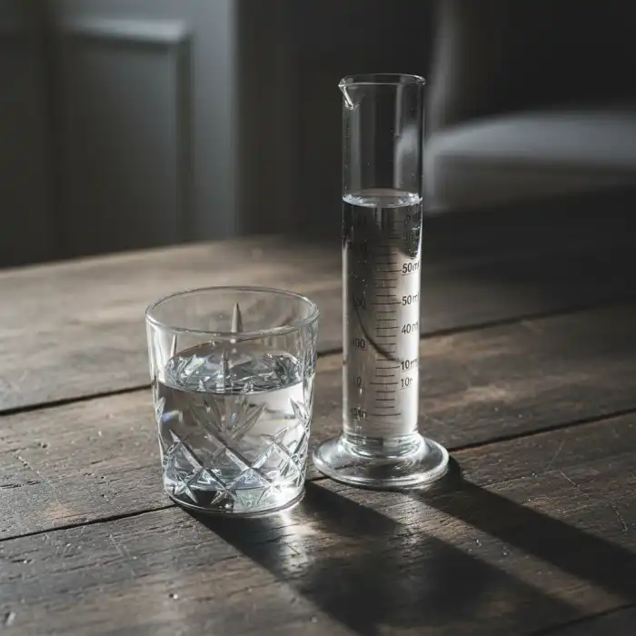 Ile ml ma kieliszek do wódki? Sprawdź pojemność na toast i do drinków Kryształowy kieliszek do wódki z miarką kuchenną ilustrującą ile ml ma kieliszek do wódki.