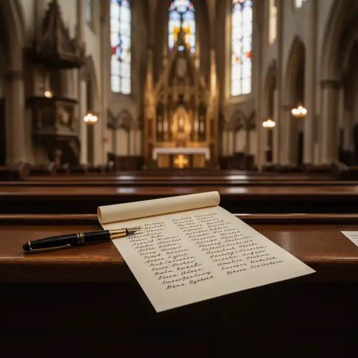 Jak napisać wypominki wzór: formularz, PDF i modlitwa za zmarłych Ręcznie wypisana kartka z intencjami modlitewnymi w kościele jako wzór, jak napisać wypominki wzór.