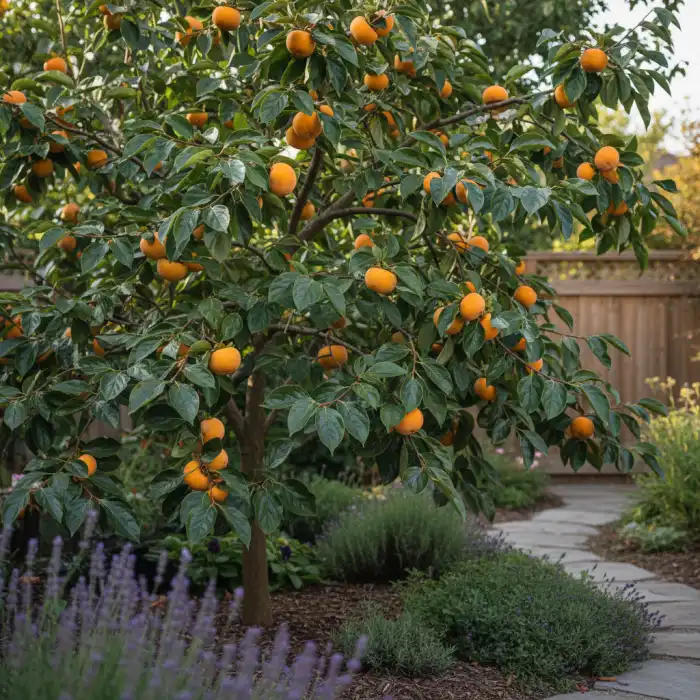 Kaki w Polsce: praktyczna uprawa hurmy wschodniej i egzotycznych drzew Dojrzałe owoce persymony na drzewie w ogrodzie podczas uprawy kaki w polsce.