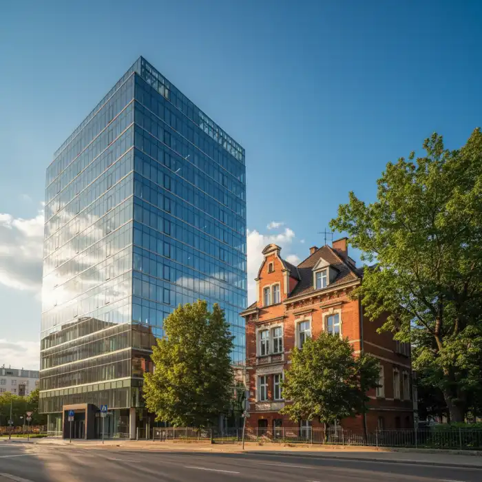 Mokotów: dzielnica Warszawa, miejski zarząd dróg miejskich i m.st. rozwój Nowoczesne biurowce i historyczne kamienice w dzielnicy Mokotów w Warszawie.