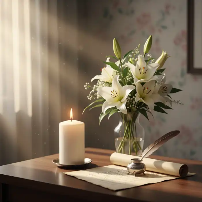 Piękne słowa na ostatnie pożegnanie: mowa pogrzebowa, cytat i wiersz Piękne słowa na ostatnie pożegnanie zapisane na pergaminowej kartce obok białych lilii i zapalonej świecy jako symbol pamięci.