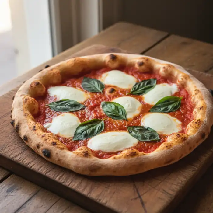 Pizzaiolo w Warsaw: włoski restaurant serwujący autentyczną pizzę Pyszna pizza neapolitańska przygotowana przez profesjonalnego pizzaiolo z pieca opalanego drewnem.