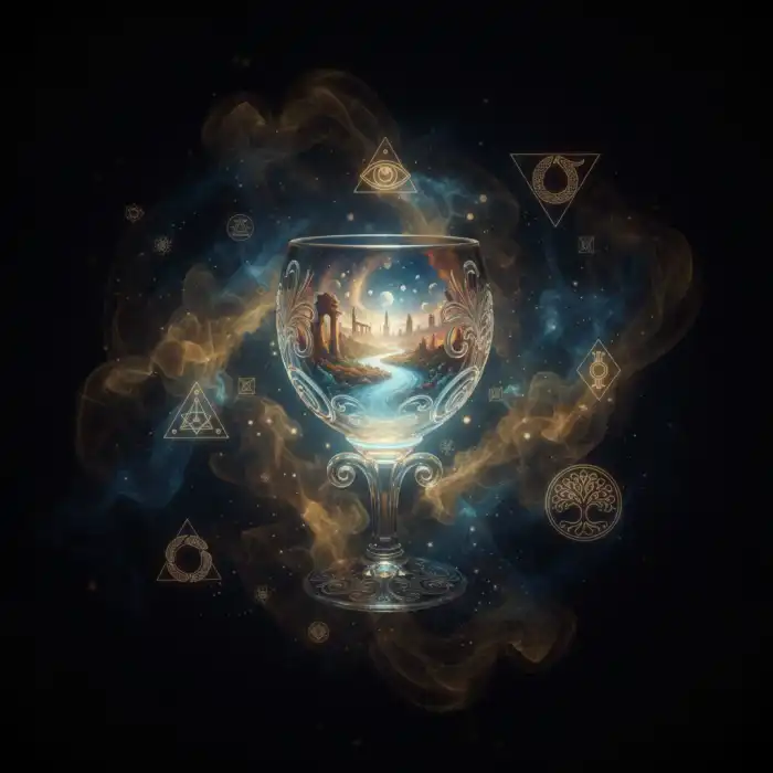 Sennik alkohol: interpretacja snów, znaczenie snu i symbolika snu Sztuka mistyczna przedstawiająca kieliszek z magicznym płynem jako symbolika snów w kontekście sennik alkohol.
