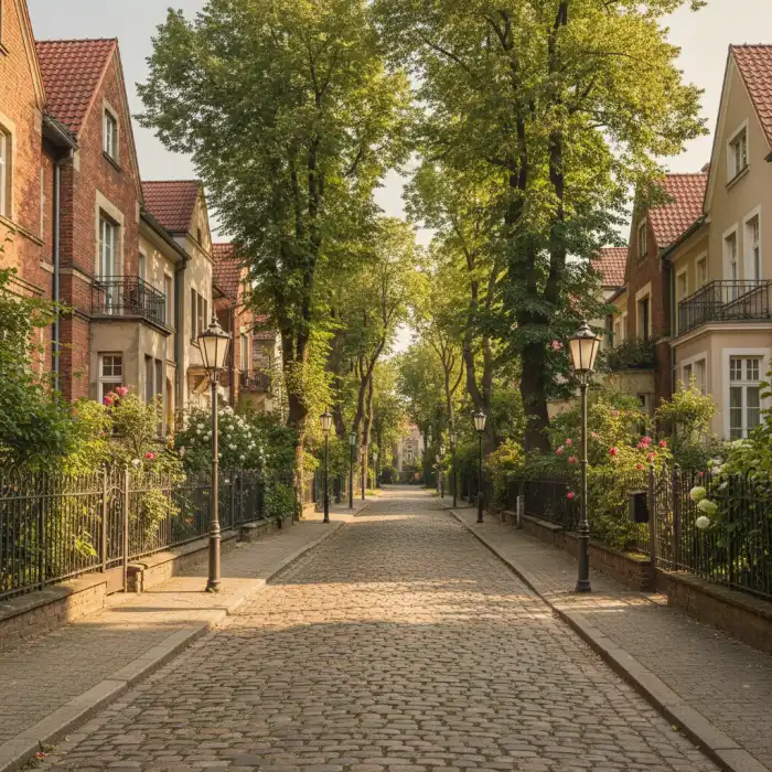 Stare Bielany: przewodnik po najpiękniejszej części warszawskich Bielan Zabytkowa ulica z gazowymi latarniami na warszawskich Starych Bielanach.