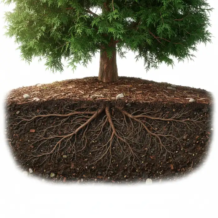 Tuja system korzeniowy: żywotnik, daglezja i sadzonki rośliny w ogrodzie Płytki i gęsty tuja system korzeniowy widoczny pod warstwą kory w ogrodzie.