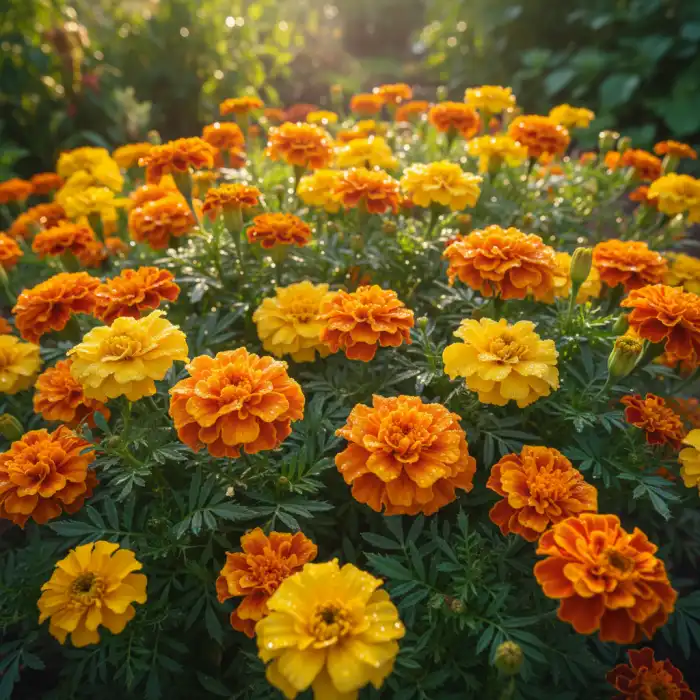 Turki kwiaty: uprawa aksamitek, które odstraszają szkodniki i nicienie Kwiaty turki kwiaty (aksamitki) rosnące w słonecznym ogrodzie w pełnym rozkwicie.