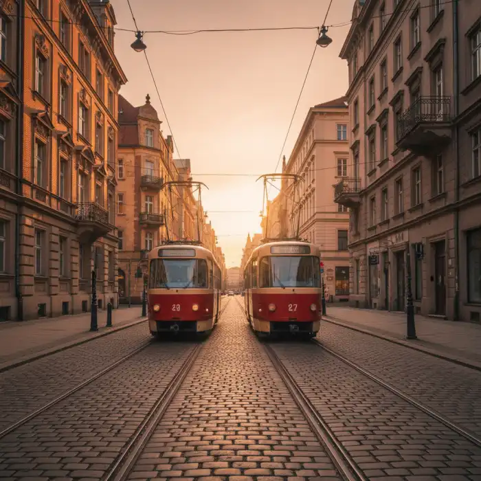 Zabytkowy tramwaj: historyczny tramwajowy tabor i turystyczna linia Zabytkowy tramwaj typu 13N przejeżdżający przez historyczną ulicę w Warszawie.