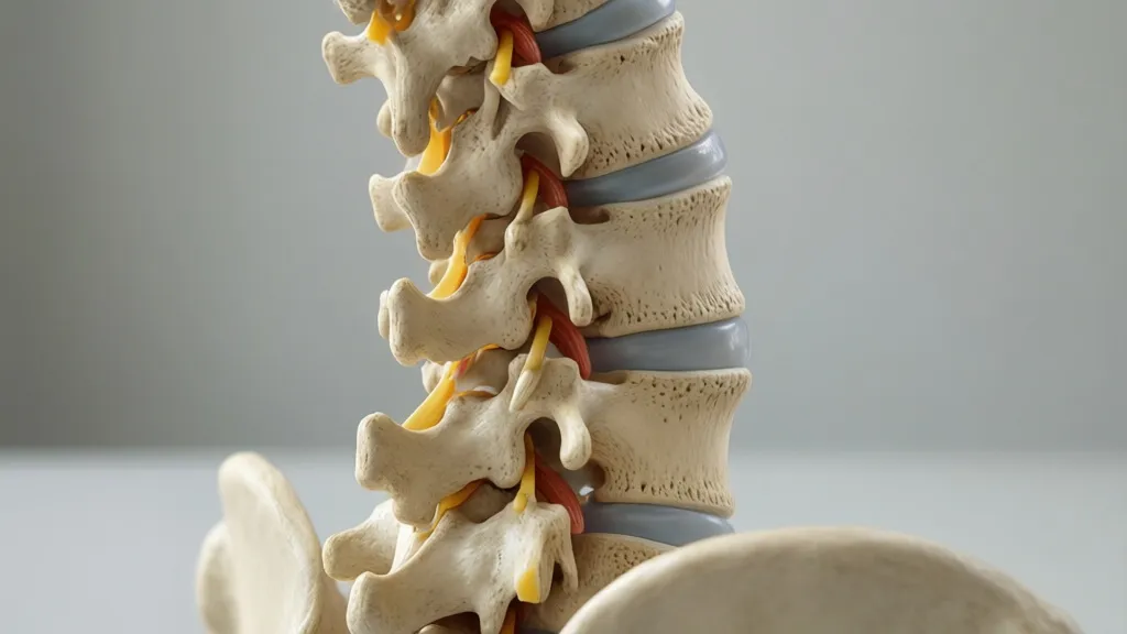 Zwężenie przestrzeni międzykręgowej L5-S1 – przyczyny i leczenie Anatomiczny model kręgosłupa lędźwiowego przedstawiający zwężenie przestrzeni międzykręgowej L5-S1.