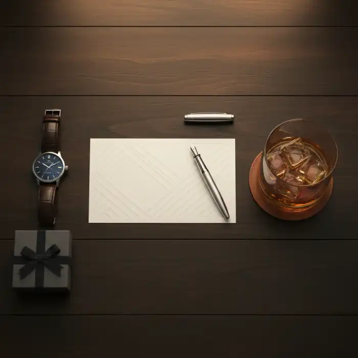 Życzenia imieninowe dla faceta: oryginalne pomysły i inspiracje Elegancki zestaw prezentowy z kartką z życzeniami imieninowymi dla faceta na ciemnym drewnianym stole.