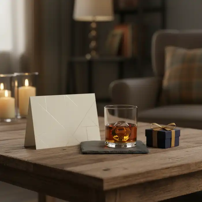 Życzenia urodzinowe dla męża: najpiękniejsze życzenia na urodziny dla niego Elegancki zestaw prezentowy z kartką na życzenia urodzinowe dla męża na drewnianym biurku.